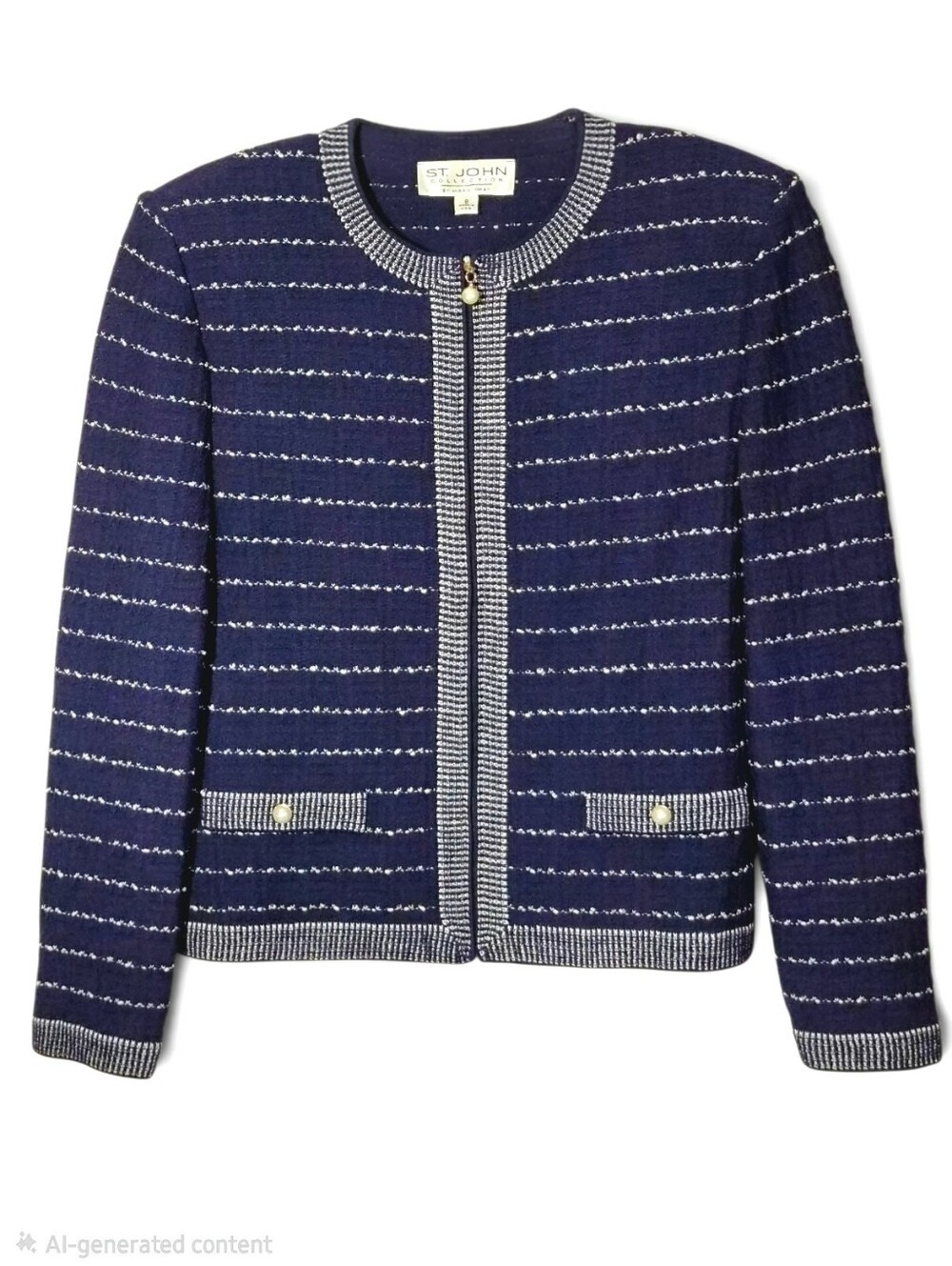 ST JOHN Women's Tweed Navy Blue White Stripped Pearl Zip Jacket Sz 8 EUC